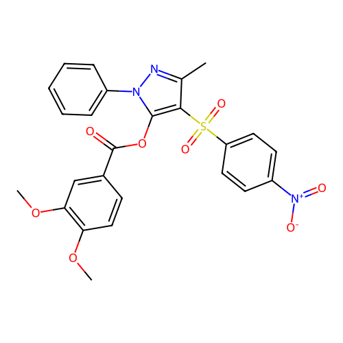 3-methyl-4-(4-nitrobenzenesulfonyl)-1-phenyl-1H-pyrazol-5-yl 3,4-dimethoxybenzoate structure