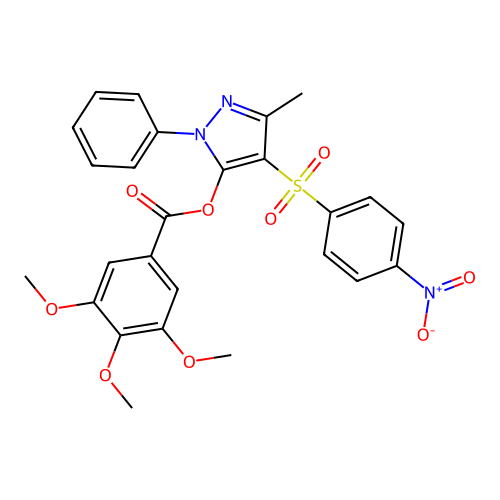 3-methyl-4-(4-nitrobenzenesulfonyl)-1-phenyl-1H-pyrazol-5-yl 3,4,5-trimethoxybenzoate structure