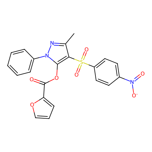 3-methyl-4-(4-nitrobenzenesulfonyl)-1-phenyl-1H-pyrazol-5-yl furan-2-carboxylate structure