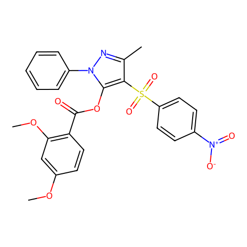 3-methyl-4-((4-nitrophenyl)sulfonyl)-1-phenyl-1H-pyrazol-5-yl 2,4-dimethoxybenzoate structure