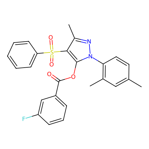 4-(benzenesulfonyl)-1-(2,4-dimethylphenyl)-3-methyl-1H-pyrazol-5-yl 3-fluorobenzoate structure