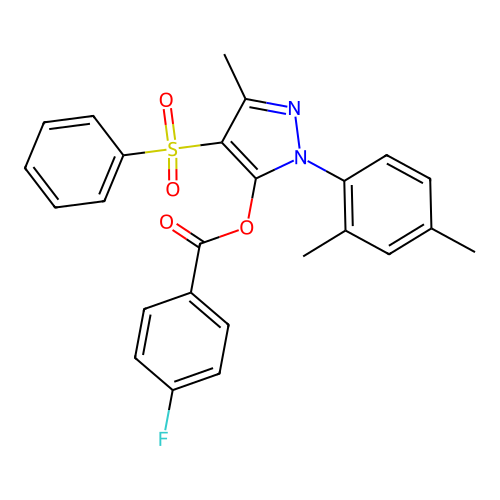 4-(benzenesulfonyl)-1-(2,4-dimethylphenyl)-3-methyl-1H-pyrazol-5-yl 4-fluorobenzoate structure