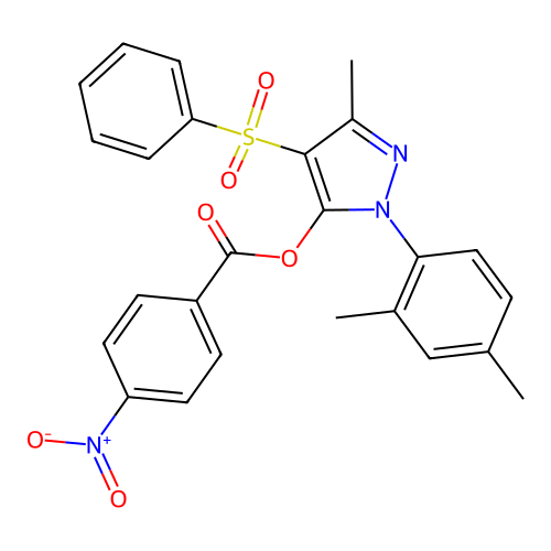 1-(2,4-dimethylphenyl)-3-methyl-4-(phenylsulfonyl)-1H-pyrazol-5-yl 4-nitrobenzoate structure