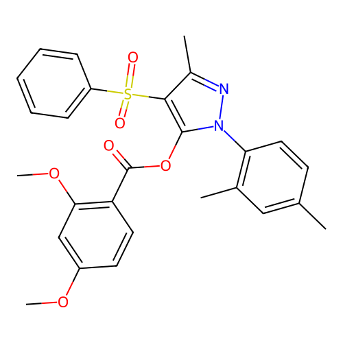 4-(benzenesulfonyl)-1-(2,4-dimethylphenyl)-3-methyl-1H-pyrazol-5-yl 2,4-dimethoxybenzoate structure