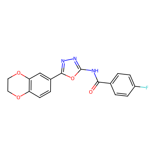 N-[5-(2,3-dihydro-1,4-benzodioxin-6-yl)-1,3,4-oxadiazol-2-yl]-4-fluorobenzamide structure