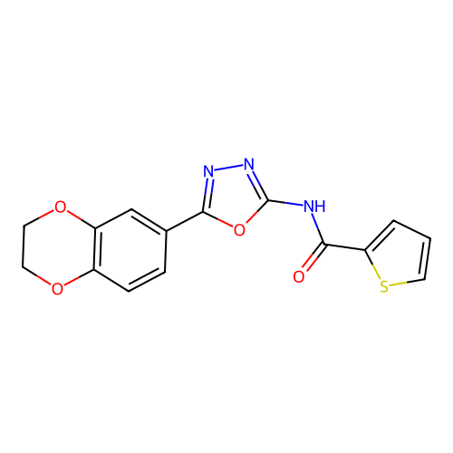 N-[5-(2,3-dihydro-1,4-benzodioxin-6-yl)-1,3,4-oxadiazol-2-yl]thiophene-2-carboxamide structure