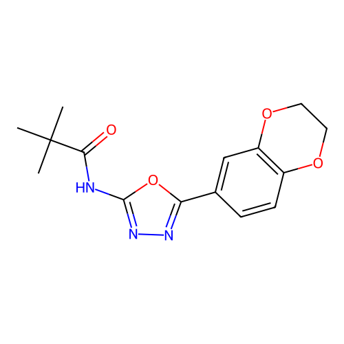 N-[5-(2,3-dihydro-1,4-benzodioxin-6-yl)-1,3,4-oxadiazol-2-yl]-2,2-dimethylpropanamide structure