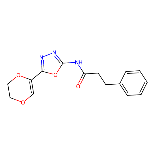 N-(5-(5,6-dihydro-1,4-dioxin-2-yl)-1,3,4-oxadiazol-2-yl)-3-phenylpropanamide structure