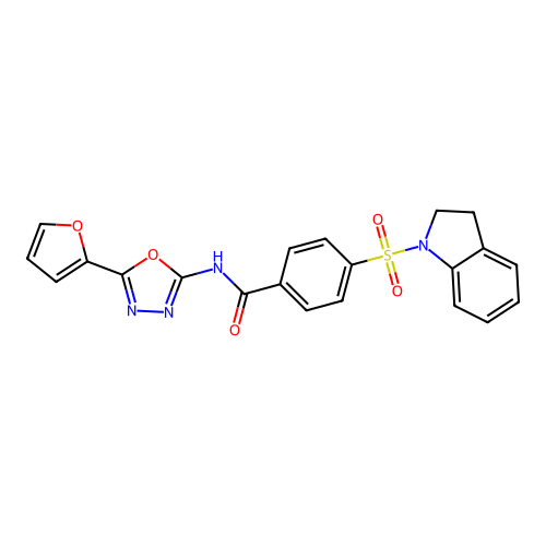 N-(5-(furan-2-yl)-1,3,4-oxadiazol-2-yl)-4-(indolin-1-ylsulfonyl)benzamide structure