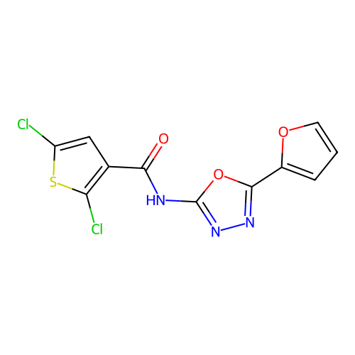 2,5-dichloro-N-[5-(furan-2-yl)-1,3,4-oxadiazol-2-yl]thiophene-3-carboxamide structure