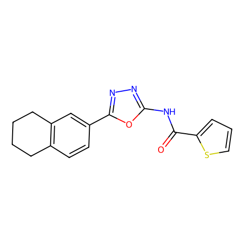 N-[5-(5,6,7,8-tetrahydronaphthalen-2-yl)-1,3,4-oxadiazol-2-yl]thiophene-2-carboxamide structure