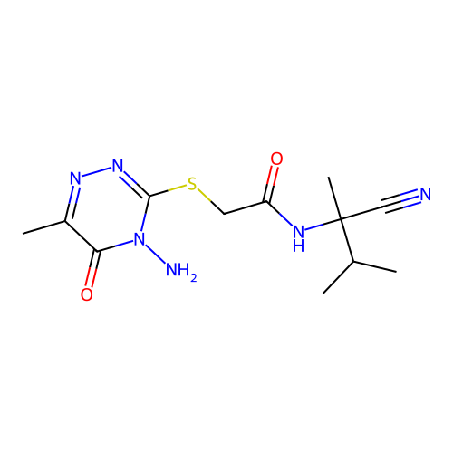 2-[(4-amino-6-methyl-5-oxo-1,2,4-triazin-3-yl)sulfanyl]-N-(2-cyano-3-methylbutan-2-yl)acetamide structure