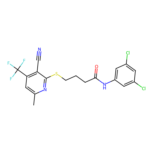 4-[3-cyano-6-methyl-4-(trifluoromethyl)pyridin-2-yl]sulfanyl-N-(3,5-dichlorophenyl)butanamide structure