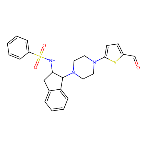 N-[1-[4-(5-formylthiophen-2-yl)piperazin-1-yl]-2,3-dihydro-1H-inden-2-yl]benzenesulfonamide structure