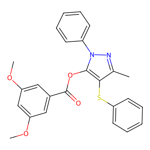 3-methyl-1-phenyl-4-(phenylthio)-1H-pyrazol-5-yl 3,5-dimethoxybenzoate structure