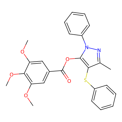 (5-Methyl-2-phenyl-4-phenylsulfanylpyrazol-3-yl) 3,4,5-trimethoxybenzoate structure
