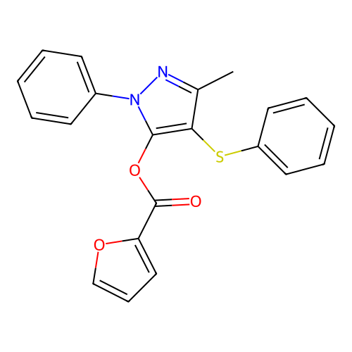 3-methyl-1-phenyl-4-(phenylthio)-1H-pyrazol-5-yl furan-2-carboxylate structure