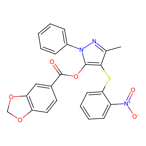 3-methyl-4-[(2-nitrophenyl)sulfanyl]-1-phenyl-1H-pyrazol-5-yl 2H-1,3-benzodioxole-5-carboxylate structure