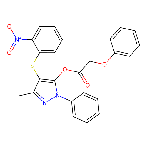 3-methyl-4-((2-nitrophenyl)thio)-1-phenyl-1H-pyrazol-5-yl 2-phenoxyacetate structure