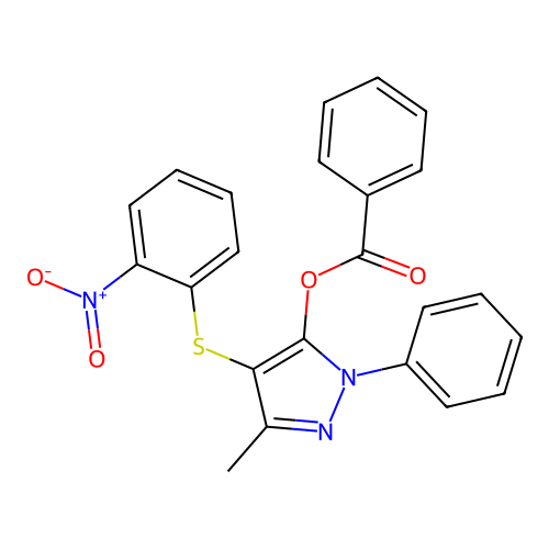3-methyl-4-((2-nitrophenyl)thio)-1-phenyl-1H-pyrazol-5-yl benzoate structure