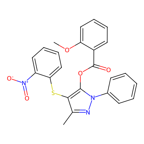 3-methyl-4-((2-nitrophenyl)thio)-1-phenyl-1H-pyrazol-5-yl 2-methoxybenzoate structure