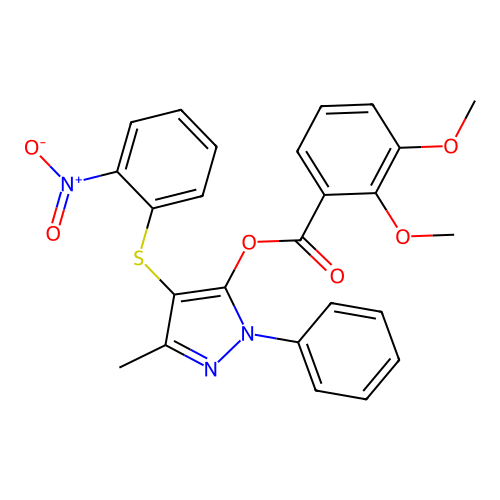 3-methyl-4-((2-nitrophenyl)thio)-1-phenyl-1H-pyrazol-5-yl 2,3-dimethoxybenzoate structure