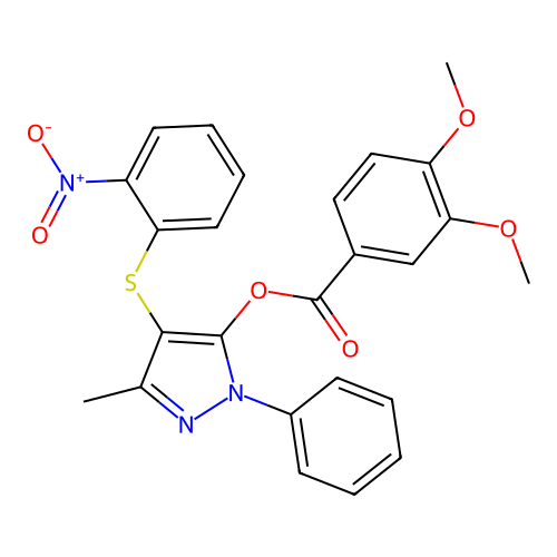 3-methyl-4-((2-nitrophenyl)thio)-1-phenyl-1H-pyrazol-5-yl 3,4-dimethoxybenzoate structure