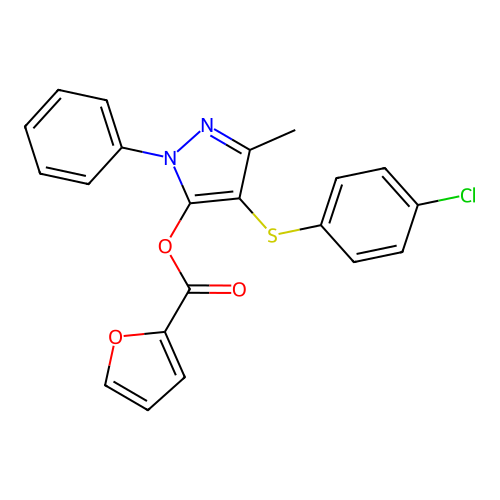 4-((4-chlorophenyl)thio)-3-methyl-1-phenyl-1H-pyrazol-5-yl furan-2-carboxylate structure