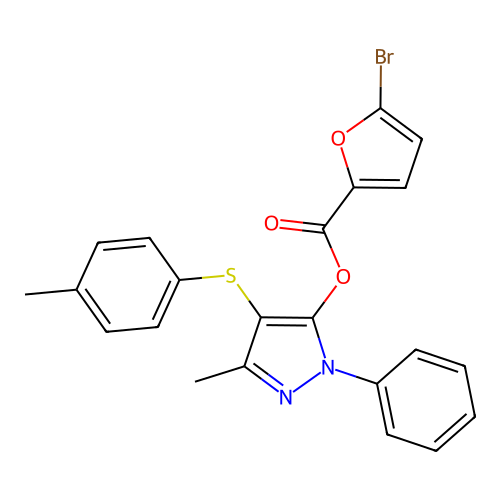 3-methyl-1-phenyl-4-(p-tolylthio)-1H-pyrazol-5-yl 5-bromofuran-2-carboxylate structure