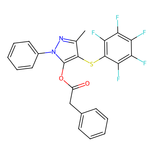 3-methyl-4-((perfluorophenyl)thio)-1-phenyl-1H-pyrazol-5-yl 2-phenylacetate structure