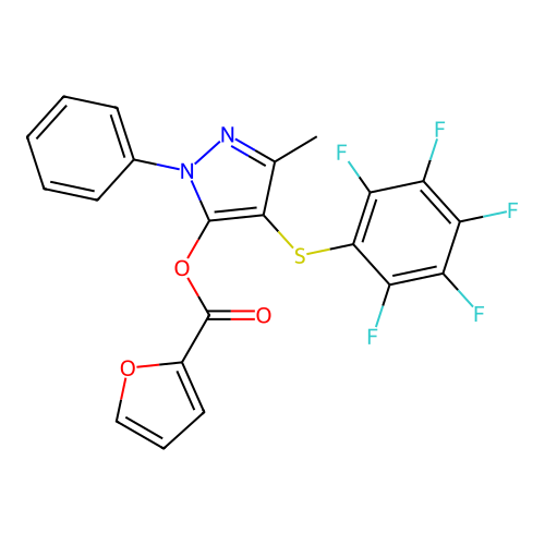 3-methyl-4-((perfluorophenyl)thio)-1-phenyl-1H-pyrazol-5-yl furan-2-carboxylate structure
