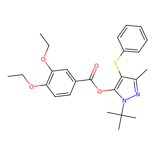 1-(tert-butyl)-3-methyl-4-(phenylthio)-1H-pyrazol-5-yl 3,4-diethoxybenzoate structure