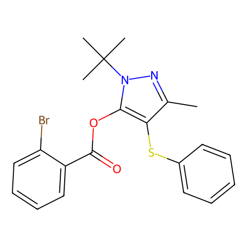 1-(tert-butyl)-3-methyl-4-(phenylthio)-1H-pyrazol-5-yl 2-bromobenzoate structure