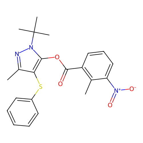 1-(tert-butyl)-3-methyl-4-(phenylthio)-1H-pyrazol-5-yl 2-methyl-3-nitrobenzoate structure