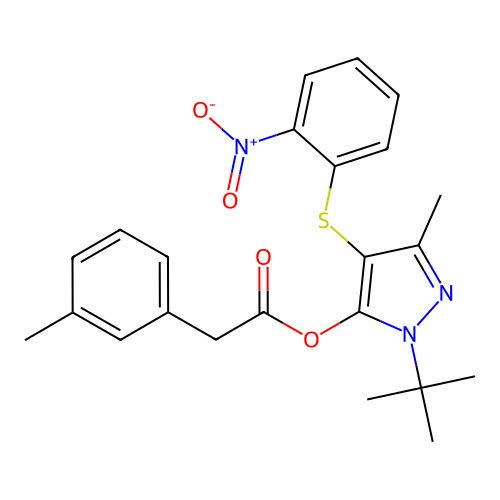 1-tert-butyl-3-methyl-4-[(2-nitrophenyl)sulfanyl]-1H-pyrazol-5-yl 2-(3-methylphenyl)acetate structure