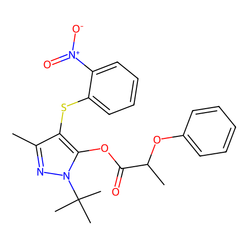 1-(tert-butyl)-3-methyl-4-((2-nitrophenyl)thio)-1H-pyrazol-5-yl 2-phenoxypropanoate structure