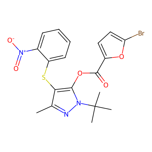 1-tert-butyl-3-methyl-4-[(2-nitrophenyl)sulfanyl]-1H-pyrazol-5-yl 5-bromofuran-2-carboxylate structure
