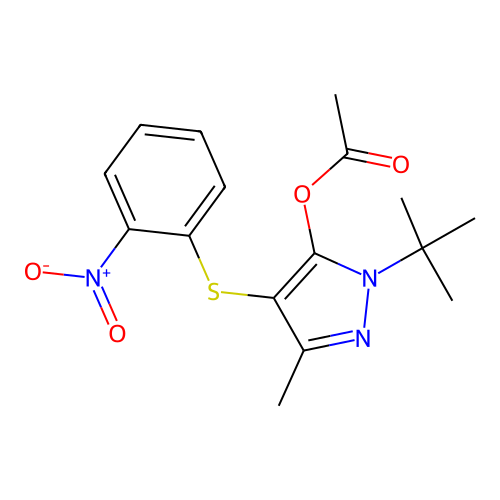 [2-Tert-butyl-5-methyl-4-(2-nitrophenyl)sulfanylpyrazol-3-yl] acetate structure
