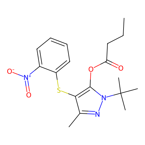 1-(tert-butyl)-3-methyl-4-((2-nitrophenyl)thio)-1H-pyrazol-5-yl butyrate structure
