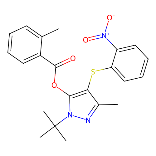 1-(tert-butyl)-3-methyl-4-((2-nitrophenyl)thio)-1H-pyrazol-5-yl 2-methylbenzoate structure