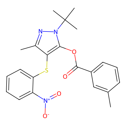 1-(tert-butyl)-3-methyl-4-((2-nitrophenyl)thio)-1H-pyrazol-5-yl 3-methylbenzoate structure
