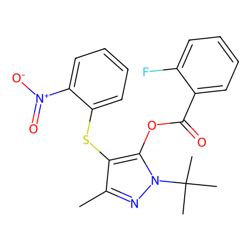 1-(tert-butyl)-3-methyl-4-((2-nitrophenyl)thio)-1H-pyrazol-5-yl 2-fluorobenzoate structure