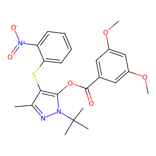 1-tert-butyl-3-methyl-4-[(2-nitrophenyl)sulfanyl]-1H-pyrazol-5-yl 3,5-dimethoxybenzoate structure