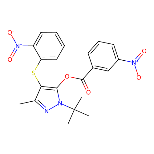 1-(tert-butyl)-3-methyl-4-((2-nitrophenyl)thio)-1H-pyrazol-5-yl 3-nitrobenzoate structure