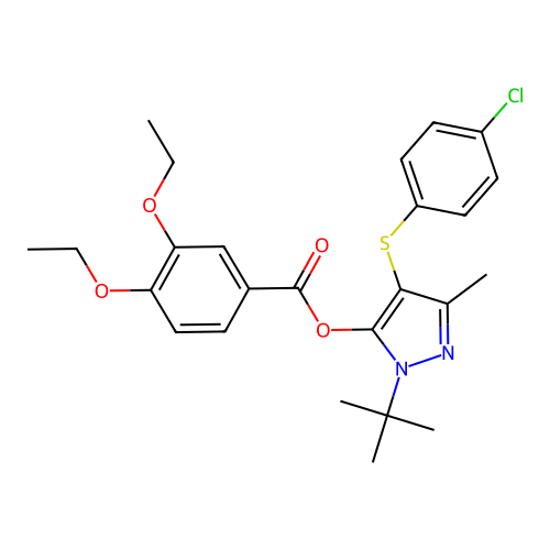 1-(tert-butyl)-4-((4-chlorophenyl)thio)-3-methyl-1H-pyrazol-5-yl 3,4-diethoxybenzoate structure