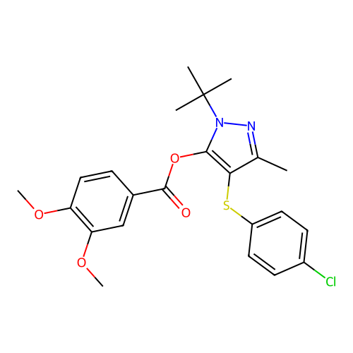 1-tert-butyl-4-[(4-chlorophenyl)sulfanyl]-3-methyl-1H-pyrazol-5-yl 3,4-dimethoxybenzoate structure