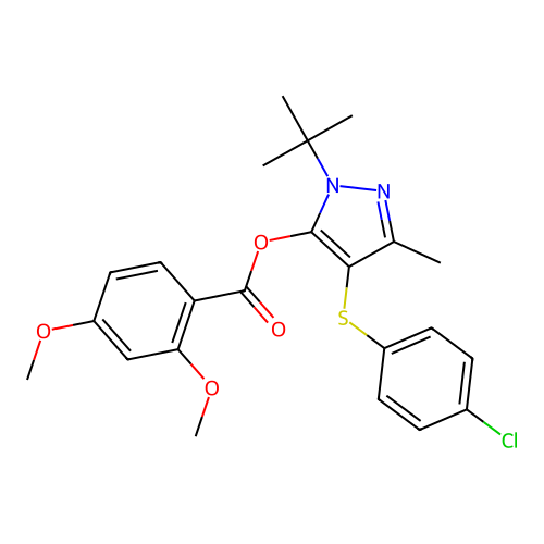 1-(tert-butyl)-4-((4-chlorophenyl)thio)-3-methyl-1H-pyrazol-5-yl 2,4-dimethoxybenzoate structure