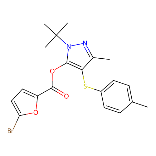 1-tert-butyl-3-methyl-4-[(4-methylphenyl)sulfanyl]-1H-pyrazol-5-yl 5-bromofuran-2-carboxylate structure