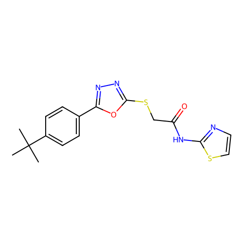 2-((5-(4-(tert-butyl)phenyl)-1,3,4-oxadiazol-2-yl)thio)-N-(thiazol-2-yl)acetamide structure