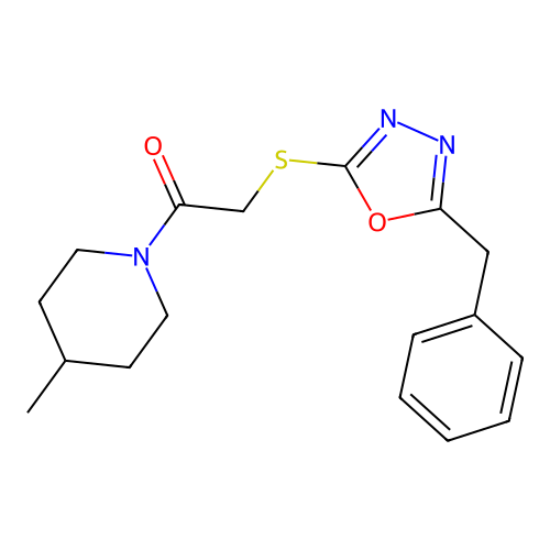 2-((5-Benzyl-1,3,4-oxadiazol-2-yl)thio)-1-(4-methylpiperidin-1-yl)ethanone structure